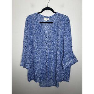 Cynthia Rowley Floral Blouse Button Down 3/4 Sleeve Top Blue White Plus Size 1X